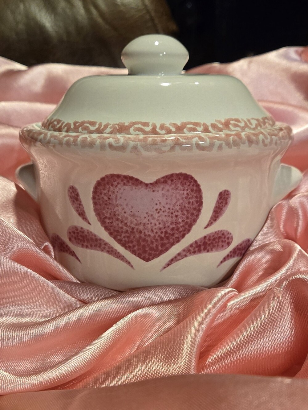 Pink Heart Ceramic Covered Trinket Canister Lidded Jar
